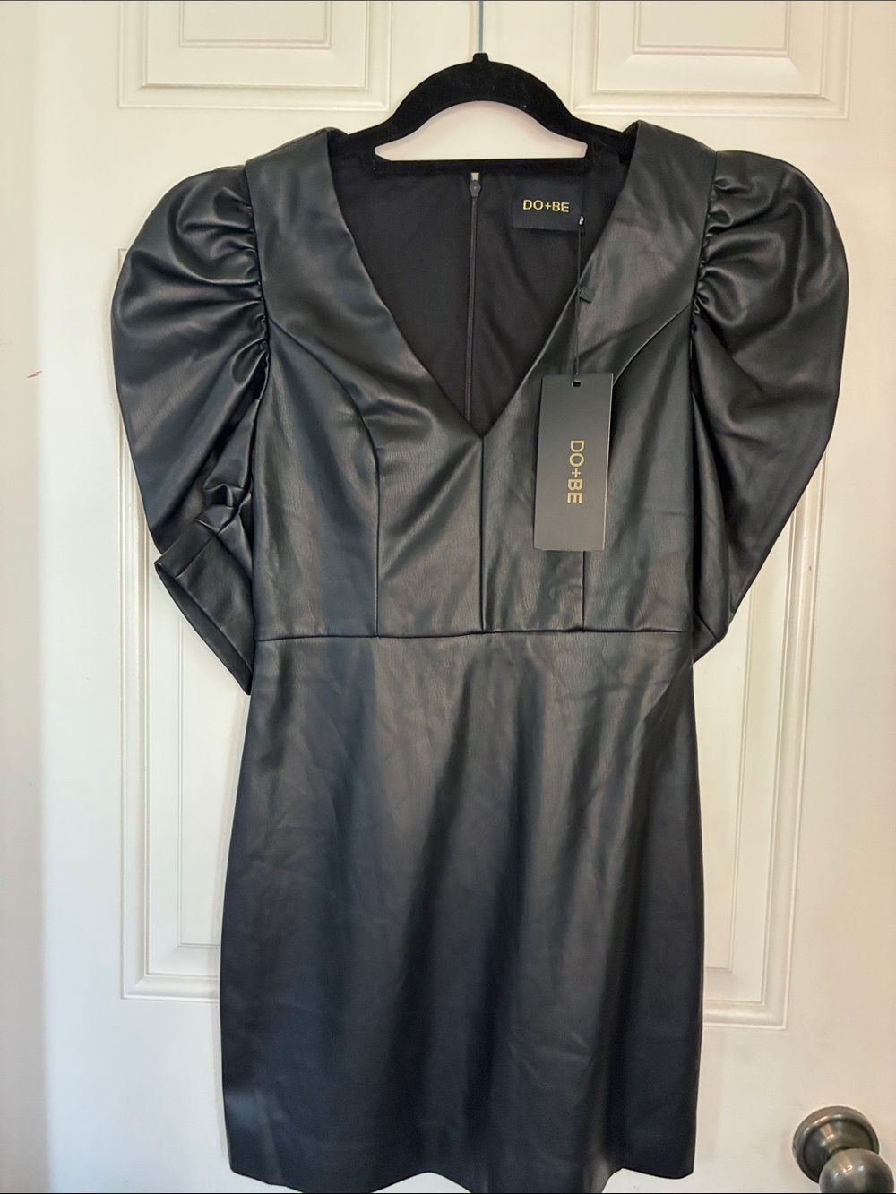DO+BE Black Faux Leather Puff-Sleeve Mini Dress